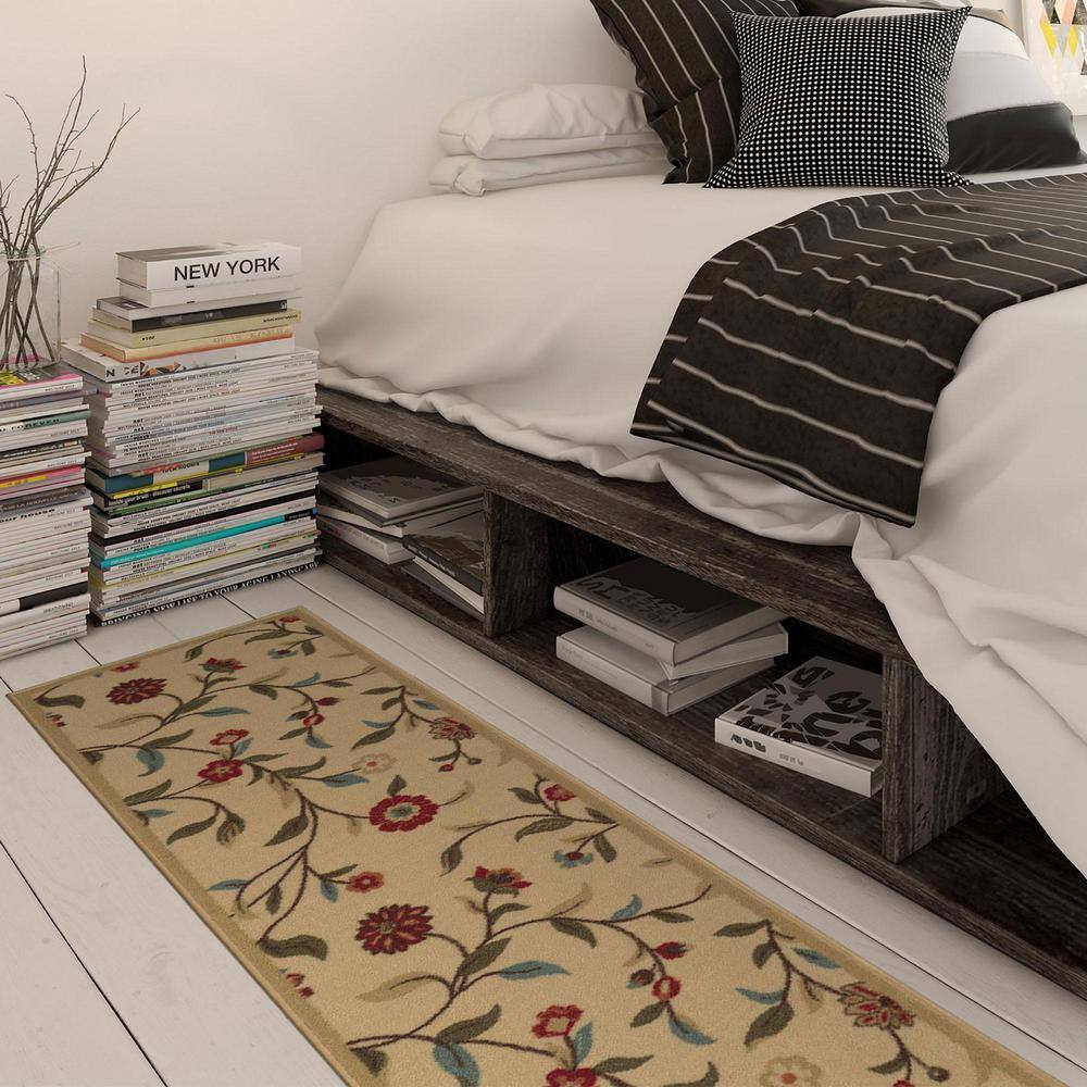 Beige Floral Non-Slip Synthetic Runner Rug 1'10" x 7'