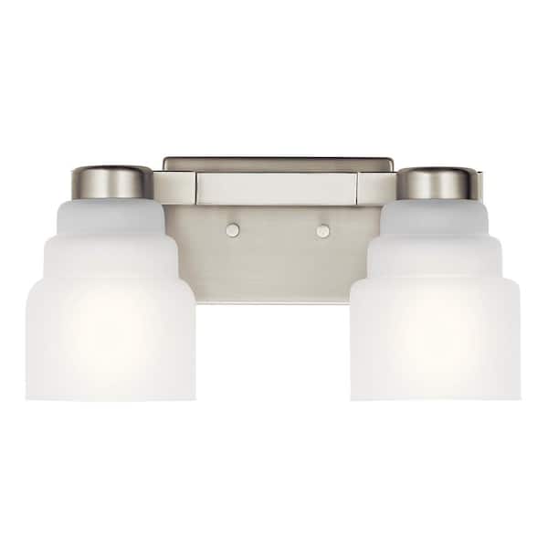 Vionnet 14.5 in. 2-Light Brushed Nickel Transitional Bathroom Vanity Light with Satin Etched Glass