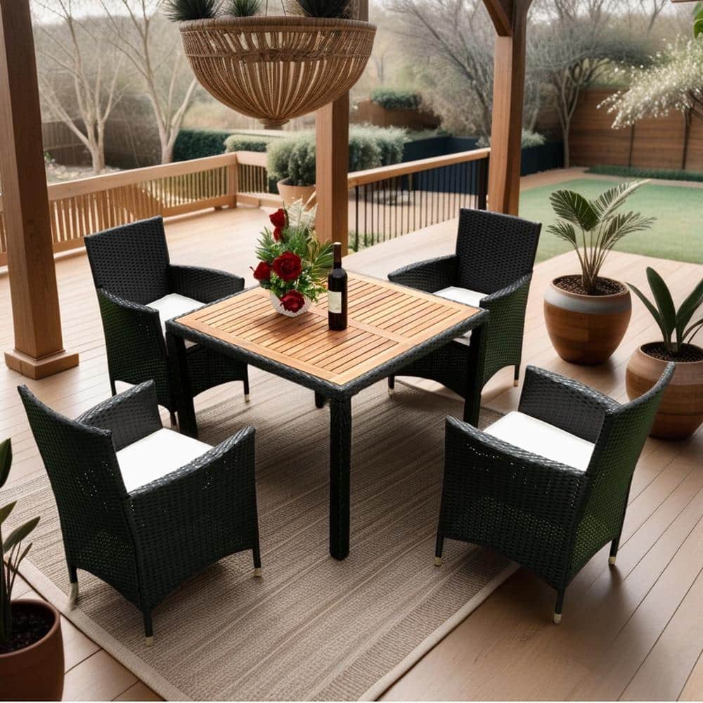 5-Piece Wicker Outdoor Dining Set Patio Dining Table with Acacia Wood Table