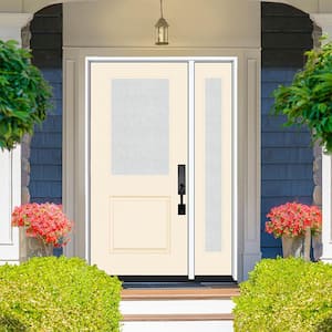 Legacy 51 in. W x 80 in. 1/2 Lite Rain Glass RHOS Primed Linen Finish Fiberglass Prehung Front Door with 12 in. SL