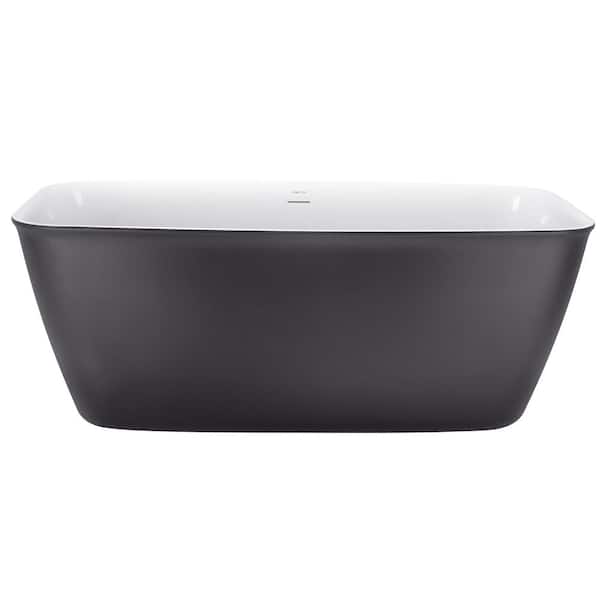 VANITYFUS 58.5 in. Acrylic Freestanding Flatbottom Soaking Bathtub in Matte Grey with Brass Drain and Overflow