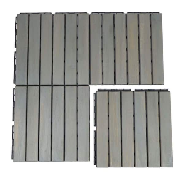 Unbranded 12 in. Light Gray Square Acacia Wood Interlocking Flooring Tiles Striped Pattern (Pack of 10 Tiles)