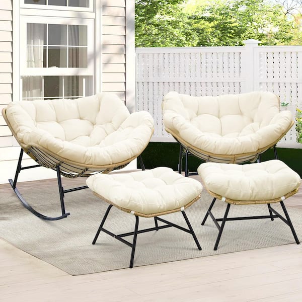 Unbranded 2-Pieces Oversized PE Wicker Outdoor Rocking Chair Papasan Lounge Chair with Beige 5.1 in. Thick Cushion and Ottoman