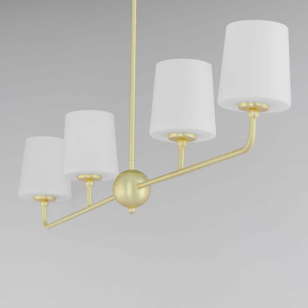 Satin Brass 4-Light Linear Chandelier with White Glass Shades