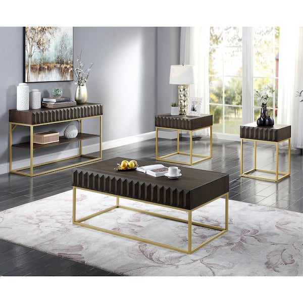 Kapulet 19 in. Walnut and Gold Rectangle Wood Top Side Table