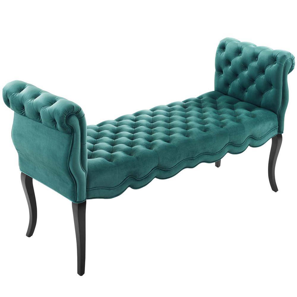 Adelia Teal Velvet Button Tufted Storage Bench with Rolled Armrests