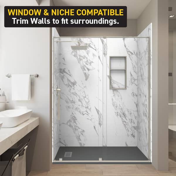 CASTICO - Carrara 32 in. x 60 in. x 84 in. Solid Composite Stone Alcove Shower Kit with Walls and Graphite Pan Base L/R Drain