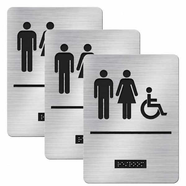 1 Pack Silver Brushed Metal ADA Compliant Unisex Handicap Restroom Sign with Braille for Business Restaurant