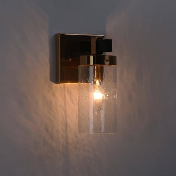 Musom 1-Light Brass Gold Modern Wall Sconce, Seeded Glass Black Bathroom Vanity Light, Hallway Tube DIY Bath Light