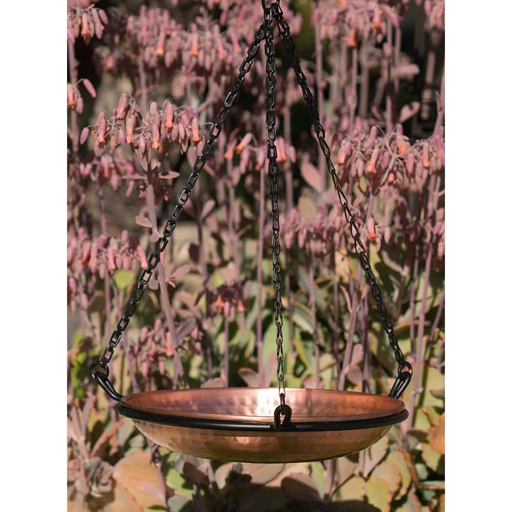 Copper Hand Hammered Hanging Bird Bath with Black Chain
