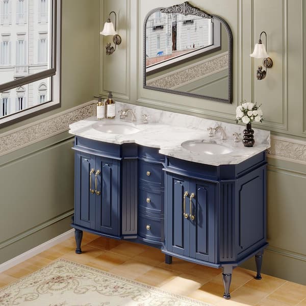 54 in. Navy Wood Double Sink Freestanding Bathroom Vanity with White Marble Top (Assembled)