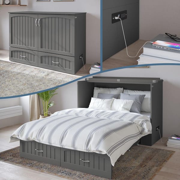 AFI Southampton Full Grey Murphy Bed Chest with Memory Foam Folding Mattress Built-in Charging Station and Storage Drawer