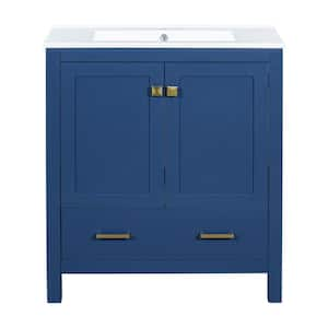 30 in. W Single Sink Freestanding Bath Vanity in Blue with White Ceramic Top, 2 Doors and a Drawer