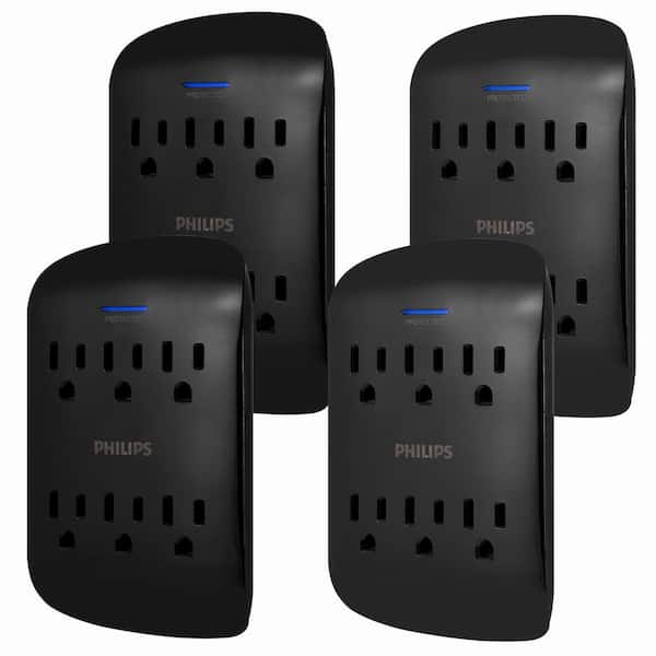 Philips 6-Outlet Surge Protector Wall Tap, Black, (4-Pack)
