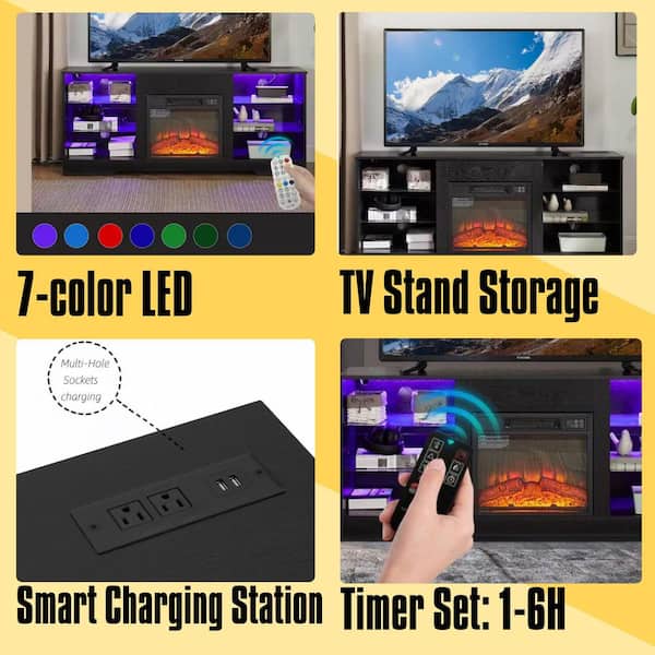 58 in. Freestanding Wood Electric Fireplace TV Stand with Glass Shelves, LED Lights, USB Charging Outlet for 62 in TV