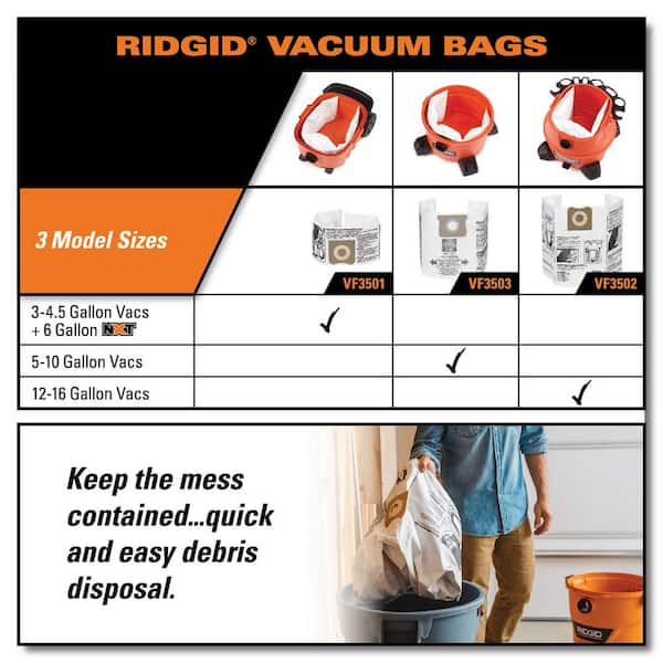 RIDGID High-Eff. Wet/Dry Vac Dry Pick-up Only Dust Bags for 3 to