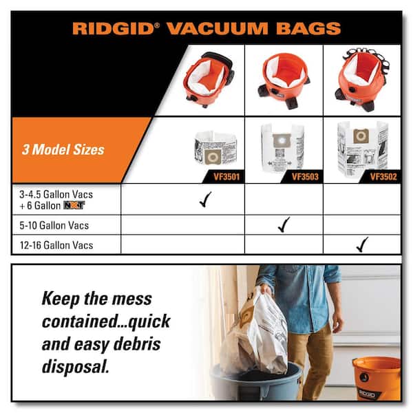 2* Disposable Dust Bag For Ridgid Workshop Wet & Dry VF3503 Vacuum-Cleaner Part 