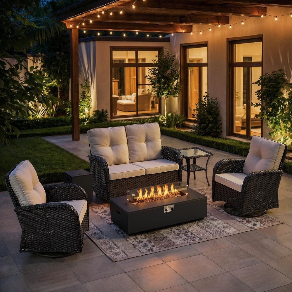 Building Pit Set Opohoro Black 5-Piece Wicker Patio Fire Pit Set, Loveseat Glider ...