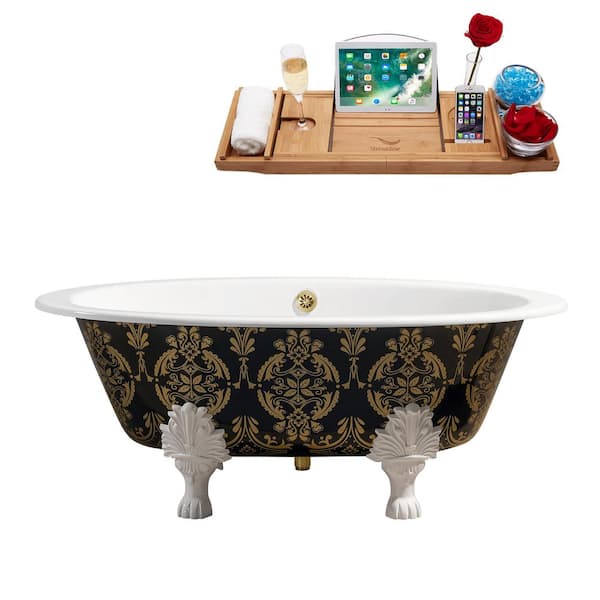 Streamline 65 in. Cast Iron Clawfoot Non-Whirlpool Bathtub in Glossy Green, Gold with Polished Gold Drain and Glossy White Clawfeet