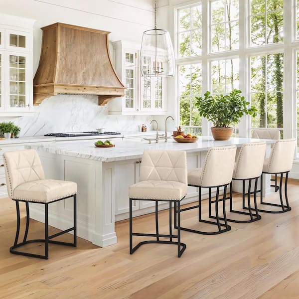 LUE BONA Apricot Gray Faux Leather Bar Stool Metal Frame Upholstered Seat Bar Chair with Backrest Rivet (Set of 6)