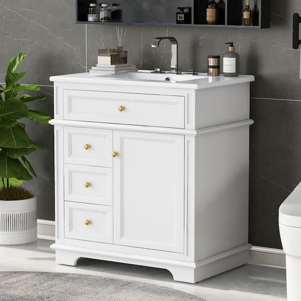 Avendril 30 in. Modern Bathroom White Bath Vanity with White Ceramic Sink Top, Tip out drawer, Drawers, Shelf, Cabinet