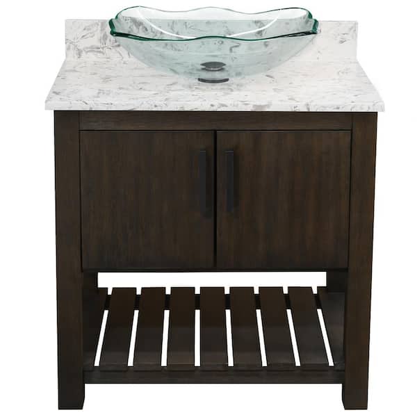 Novatto Ocean Breeze 31 in. W x 22 in. D x 31 in. H 1 Clear Sink with MB Drain Bath Vanity in Cafe with Cafe Mocha Quartz Top