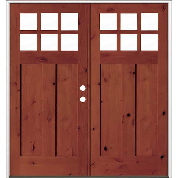 64 in. x 80 in. Knotty Alder Left-Hand/Inswing Double 6-Lite Clear Glass Amaretto Stain Wood Prehung Front Door