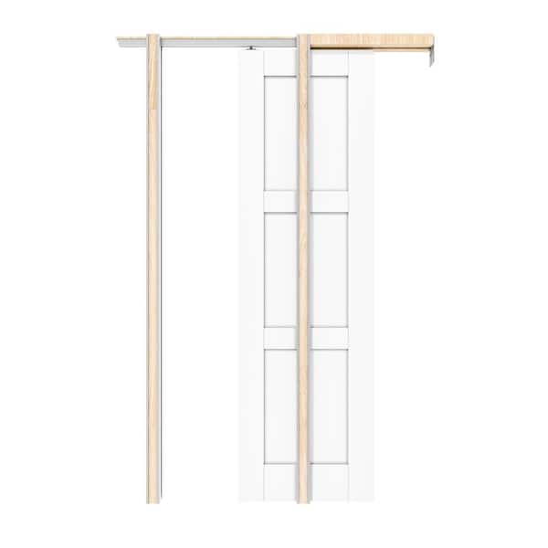 ARK DESIGN 24 in. x 80 in. White Primed 3 Lite MDF Door with Solid Core Pine Wood Pocket Door Frame with Hardware and Soft Close