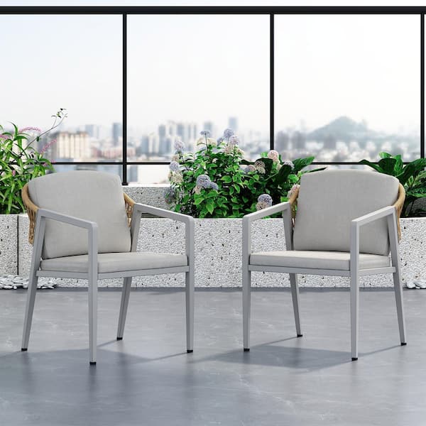 Wicker Rattan Woven Outdoor Dining Chairs with Gray Cushions and Iron Arms (2-Pack)