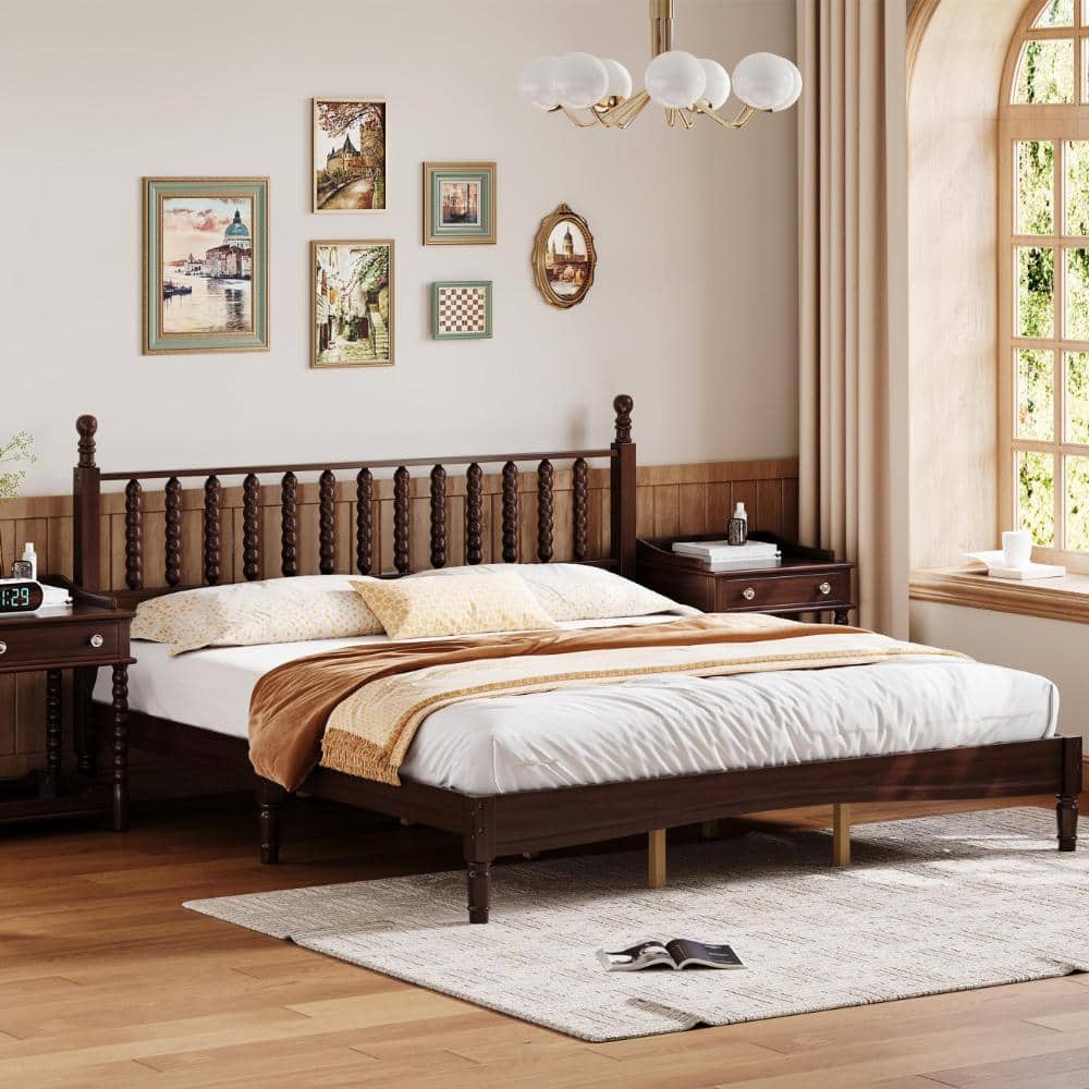 Walnut Retro Style King Size Wood Platform Bed with Gourd Shaped Headboard price history on PriceWatchPro