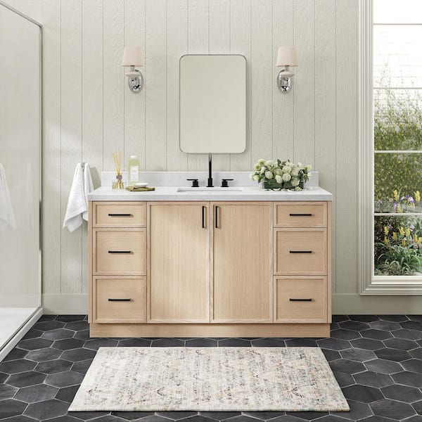 ARIEL Kelly 60 in. Single Sink Freestanding Bathroom Vanity in White Oak with Carrara White Quartz Top