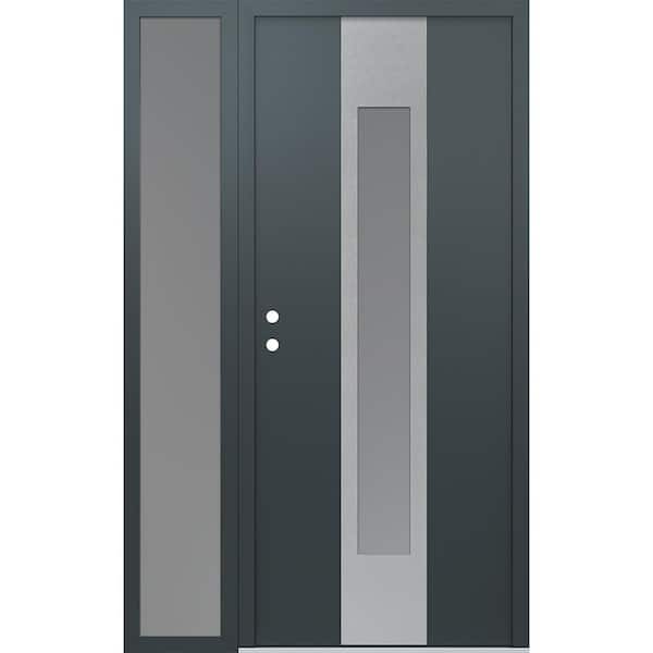 A1 52 in. x 80 in. Silver P Right-Hand/Inswing Frosted Glass Anth/Anth Sidelite Steel Prehung Front Door
