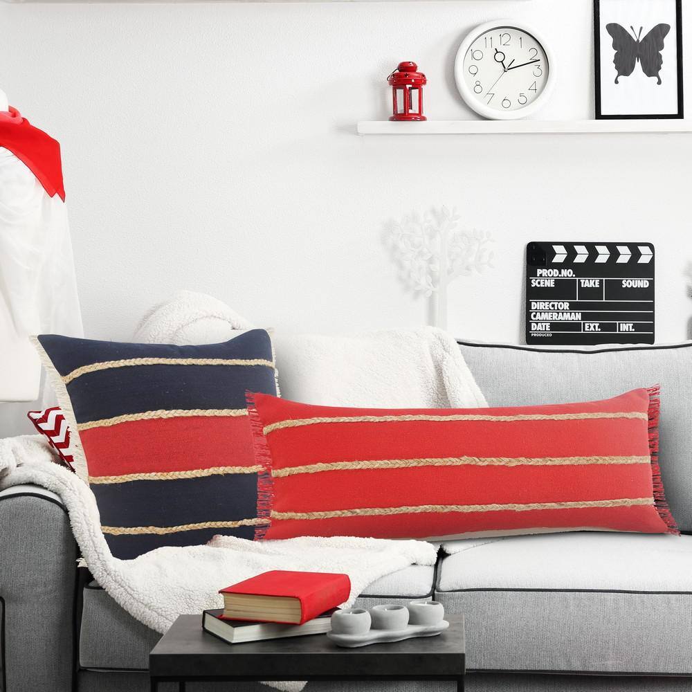 Americana Nautical Red & Tan Jute Braided Lumbar Pillow, 14" x 36"