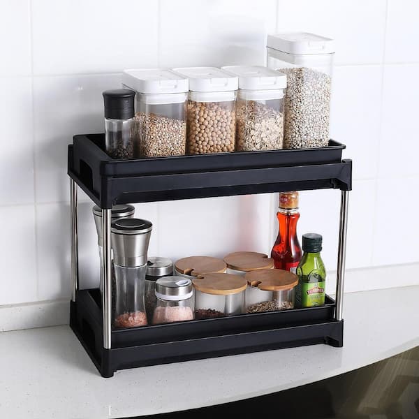 2-Tier Plastic Household Shelving Unit in Black with 2 Hooks for Kitchen (15 in. W x 12.2 in. H x 8.3 in. D)