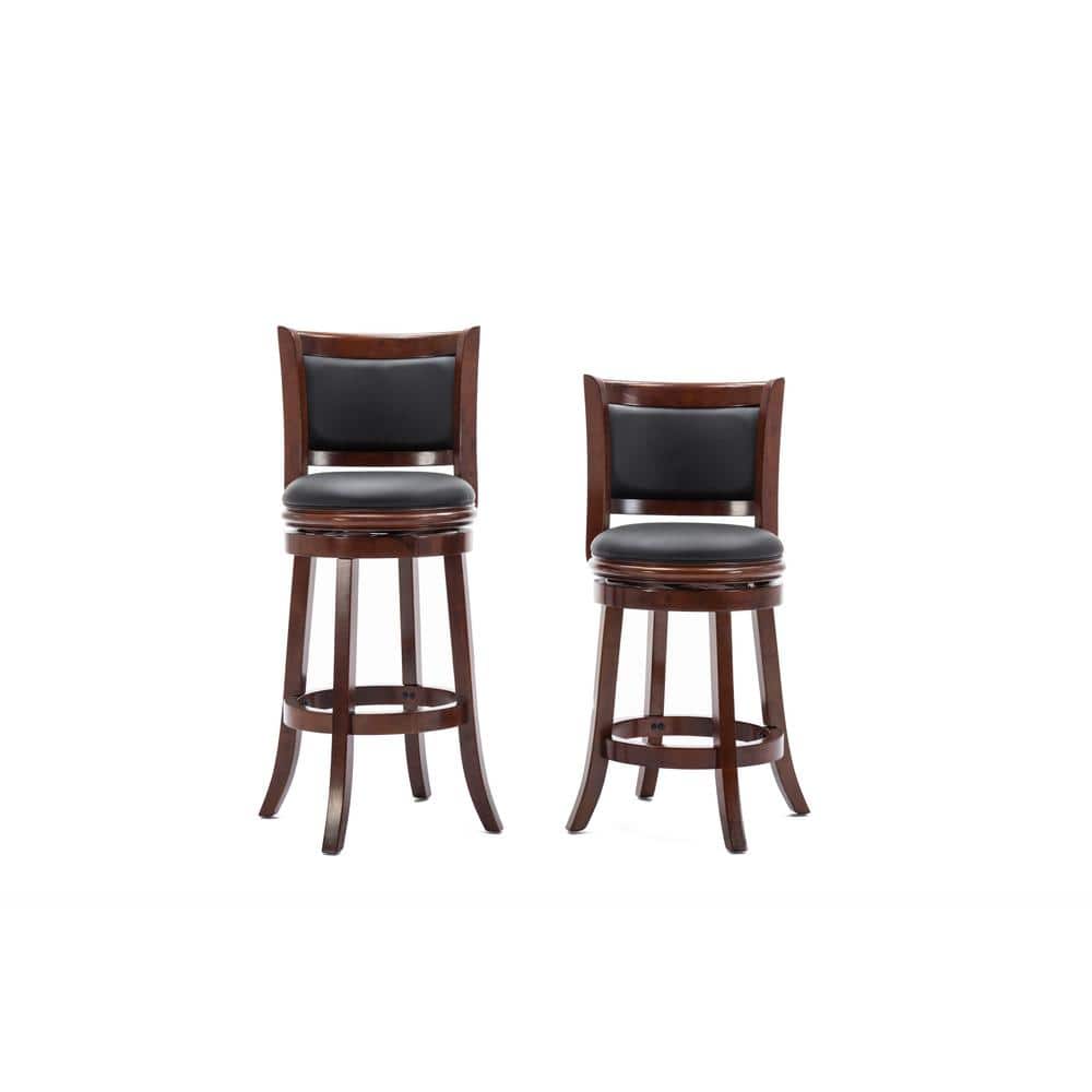Elegant Cherry Wood and Black Leather 29" Swivel Barstool