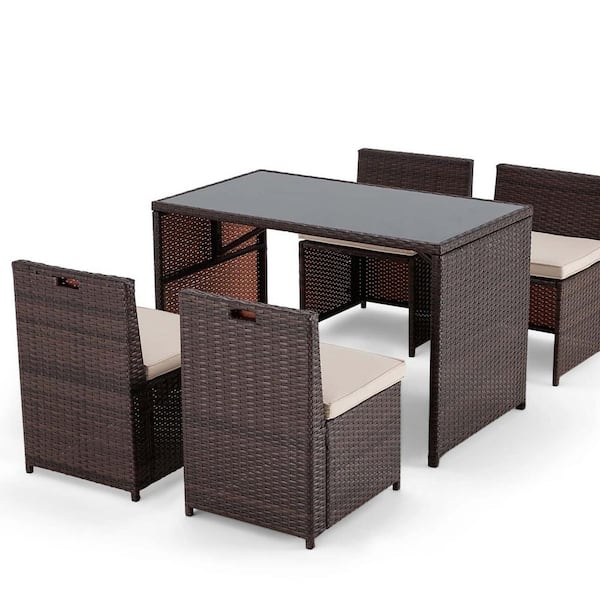 Zeus & Ruta 5-Piece Wicker Patio Conversation Set with Beige Cushions