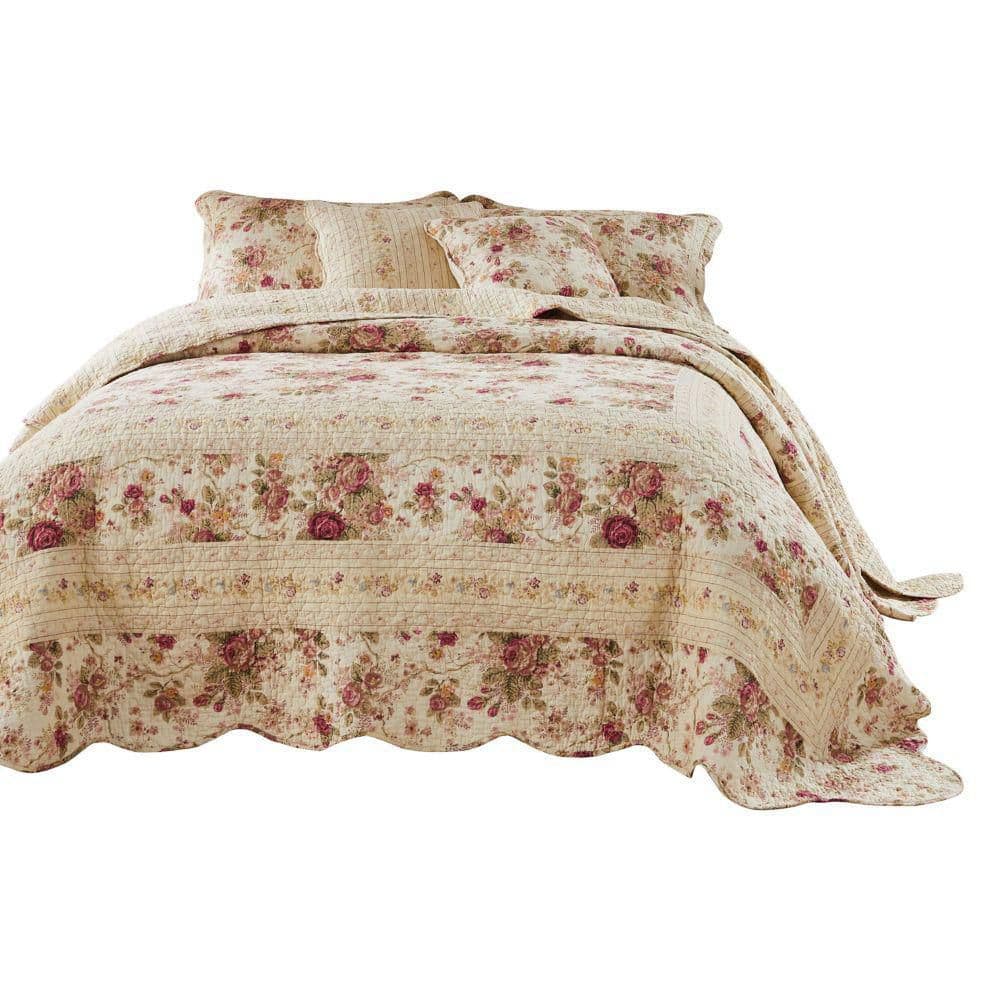 Queen Pink Floral Cotton Reversible Bedspread Set