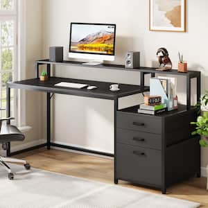 Halseey 63 in. Rectangular Black Wood 3-Drawer Computer Desk with Monitor Stand, Modern Home Office Desk Workstation
