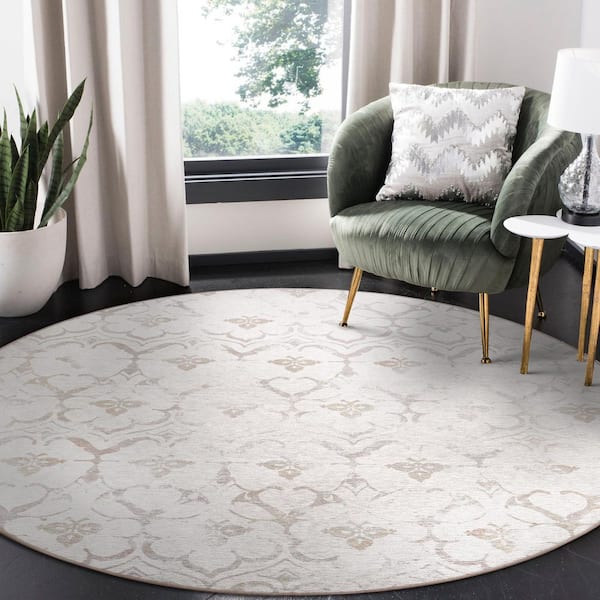 Leilani Damask Ivory 6 ft. Round Washable Area Rug