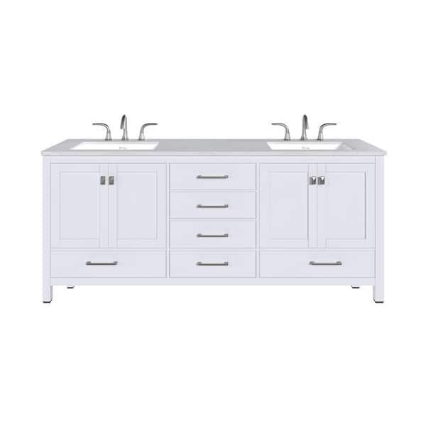 Aberdeen 78 in. Double Sink White Bath Vanity with White Carrara Quartz Top (Assembled)