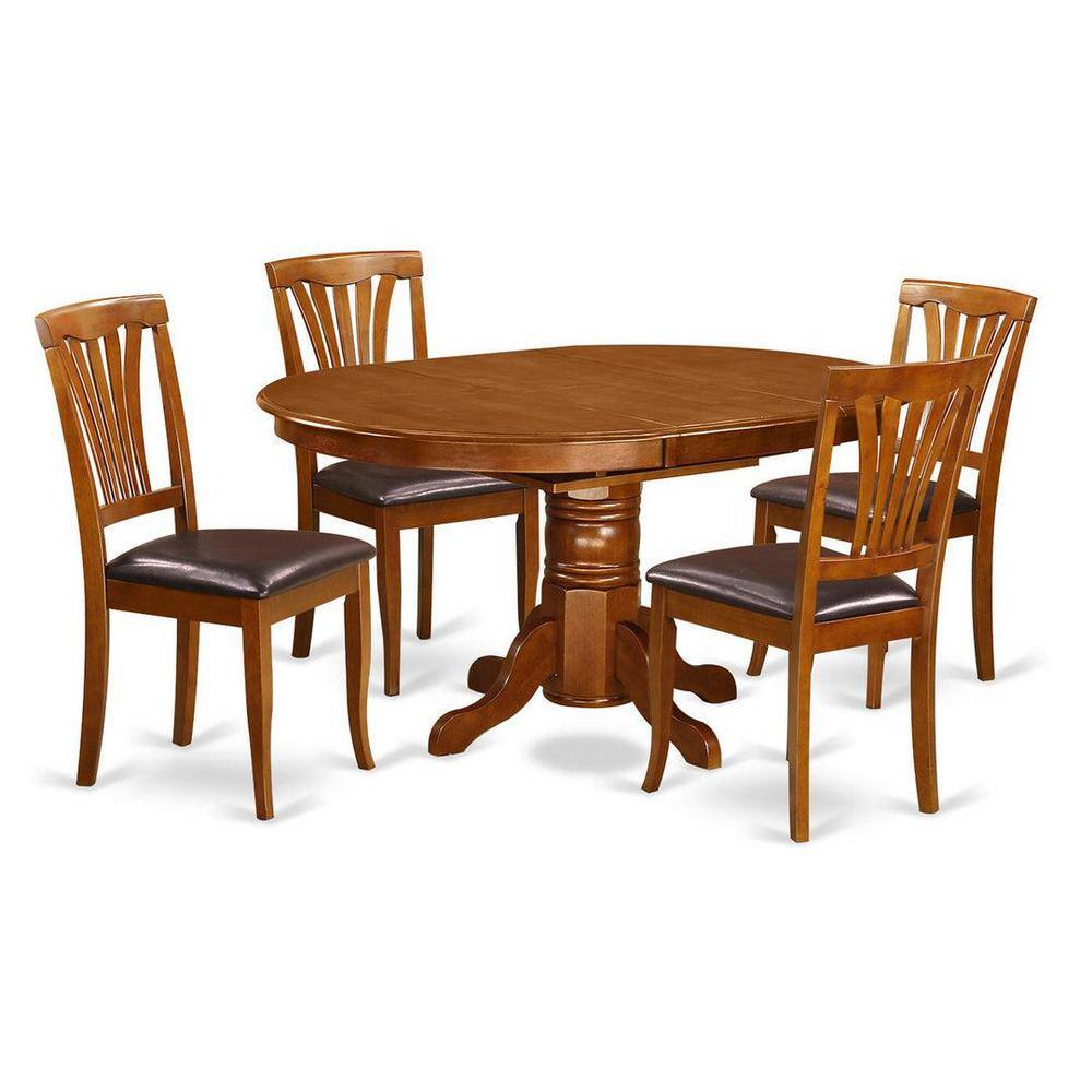 East West Avon 42"-60" Expandable Oval Table with 4 Saddle Brown Leather Chairs
