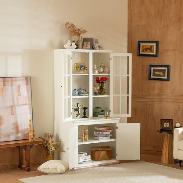 White 75.25 in. Accent Cabinet, Pantry Cabinet with Glass Doors, Lattice Windows