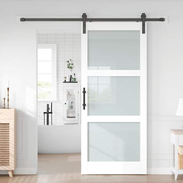 36 in. x 84 in. 3-Lite Frosted Glass White Finished MDF Core Sliding Barn Door with Hardware Kit