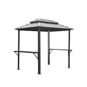 6 ft. x 8 ft. Gray Aluminum Metal BBQ Grill Gazebo with Shelves Serving Tables, Permanent Double Roof for Patio Garden