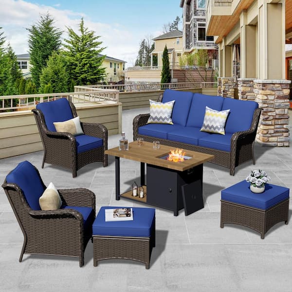 OVIOS Joyo Ung Brown 6-Piece Wicker Outdoor Patio Fire Pit Table Conversation Seating Set with Navy Blue Cushions