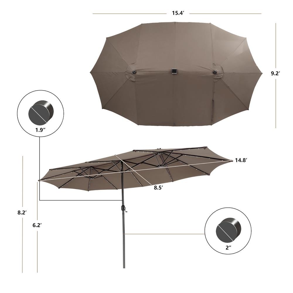 15ft Coffee Double-Sided Steel Market Patio Umbrella with Solar LED Lights