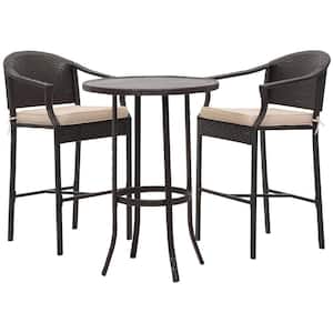 Brown 3-Piece Wicker Outdoor Bistro Set Height Bar Stools with Tan Cushions and Round Metal Top Table