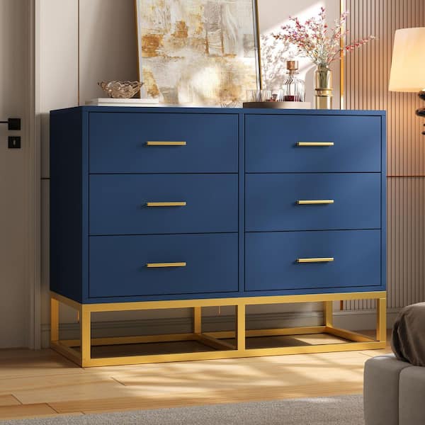 blue gold dresser GDFSTUDIO Modern Navy Finish 6 Drawers 39.3 in. W Bedroom Dresser, Wooden Chest of Drawers with Metal Legs Six deep drawers with variation-ahana-boucle-check-dress Gwyneth Black Beaded Maxi Shoe Size:8 US
