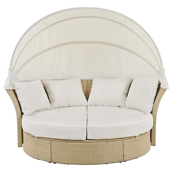 Wicker Rattan Outdoor Day Bed with Retractable Canopy and Beige Cushions, Outdoor Patio Daybed for Backyard Porch Pool