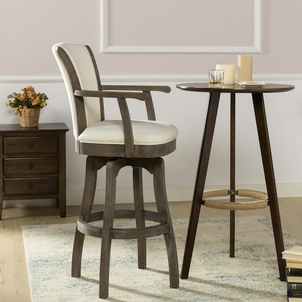 Williams 31 in. White Modern Rustic High Back Swivel Bar Stool with Armrests and Wood Frame